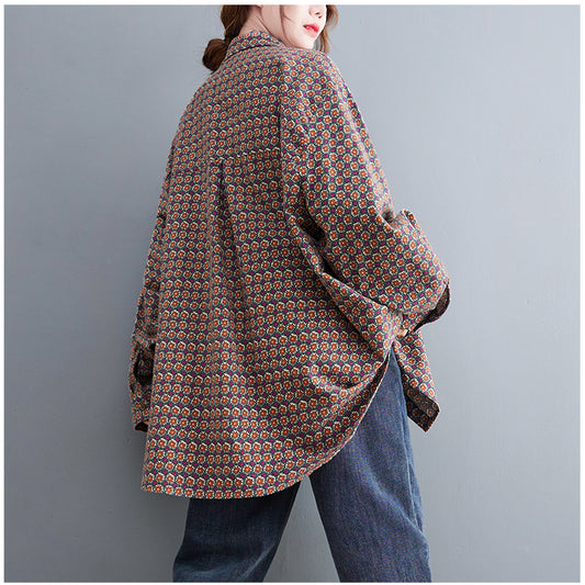 Women's Autumn And Winter New Retro Print Loose Coat Shirt