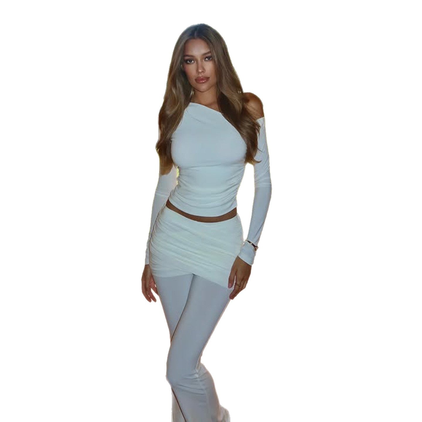 Two-piece Set Long-sleeve Top And Flared Body-hugging Pants