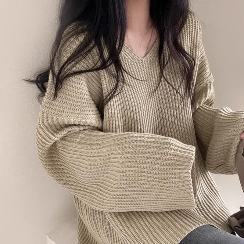 Women's V-neck Loose Leisure All-matching Long Sleeve Coarse Yarn Thick Sweater
