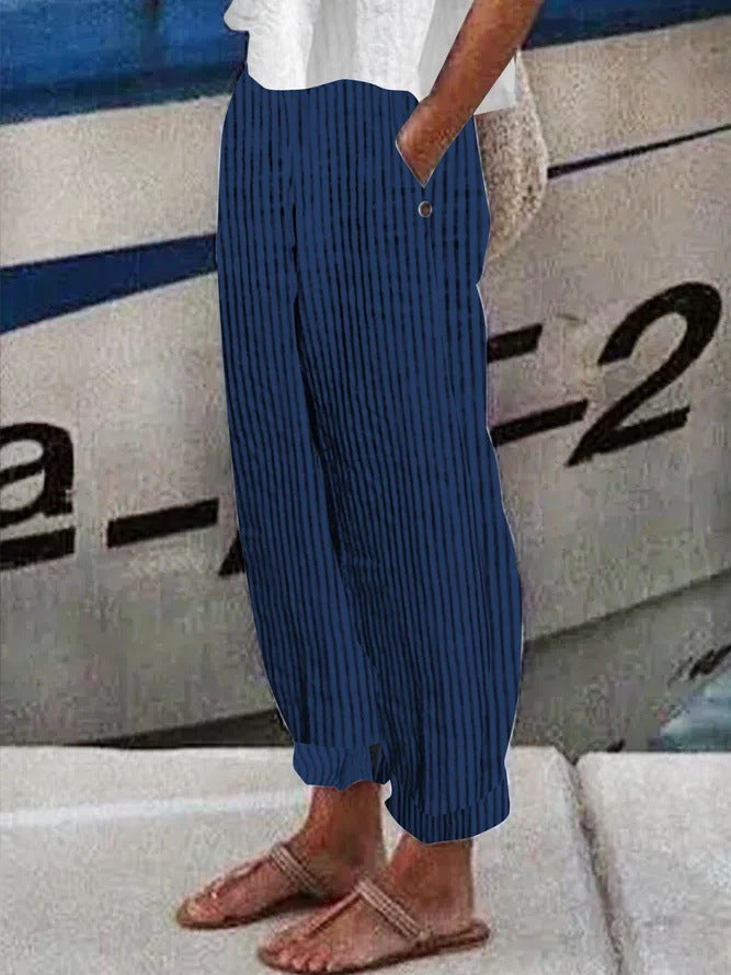 Striped Printed Women's Pants Cotton And Linen Breathable