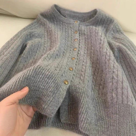 Gray Twist Small Golden Button Knitted Cardigan Wool