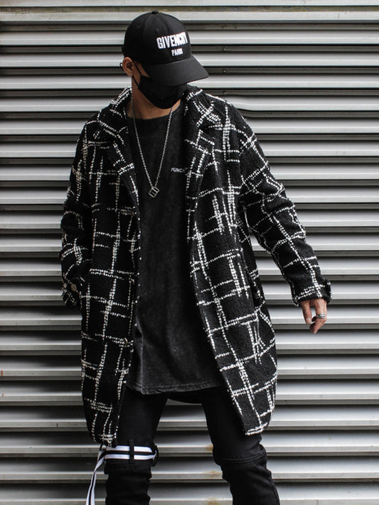 Black Plaid Mid-length Woolen Woven Coat For Couples