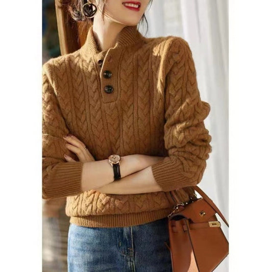 Baseball Collar Twisted String Textured Knitted Sweater For Women