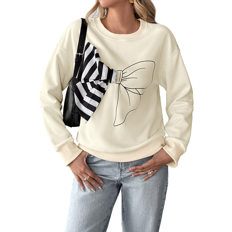 New Versatile Casual Striped Bow Round Neck Sweater For Women