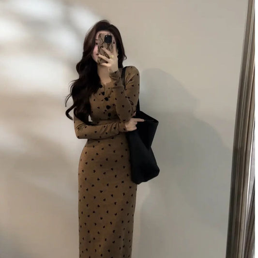 Button-up Knitted Dress Long Sleeves Bow Detail Slim-fit And Figure-flattering