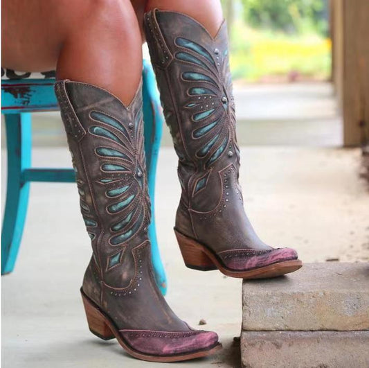 New winter women's boots mid-heel thick heel boots cross-border large size rivet high-top women's boots on Amazon