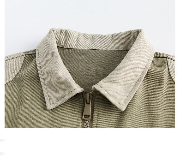 Embroidery Contrast Color Splicing Polo Collar Jacket