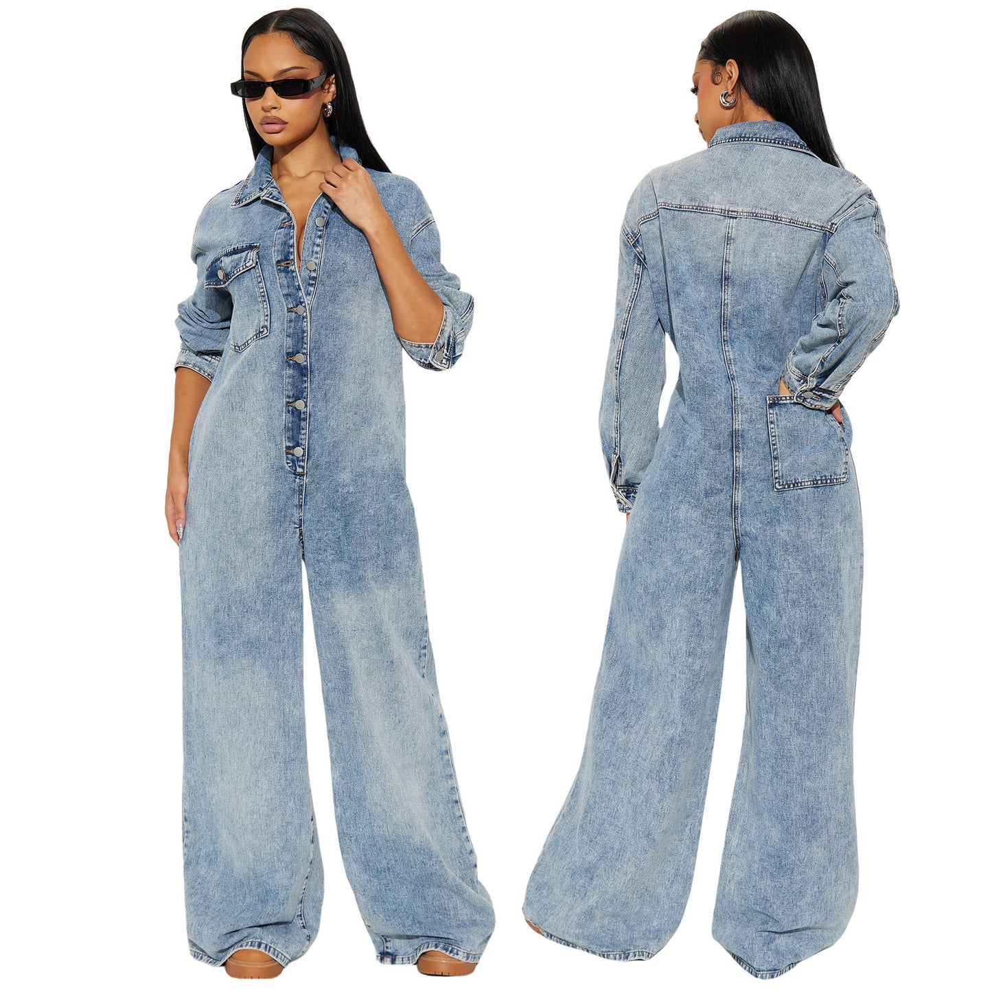 Stretchy Flared-leg Washed Denim Jumpsuit With Long Sleeves