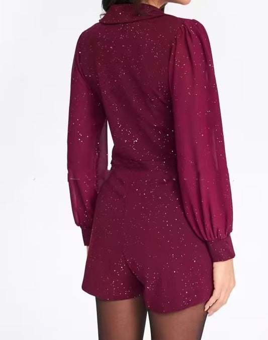 Mesh V-neck Sequin Lantern-sleeve Jumpsuit