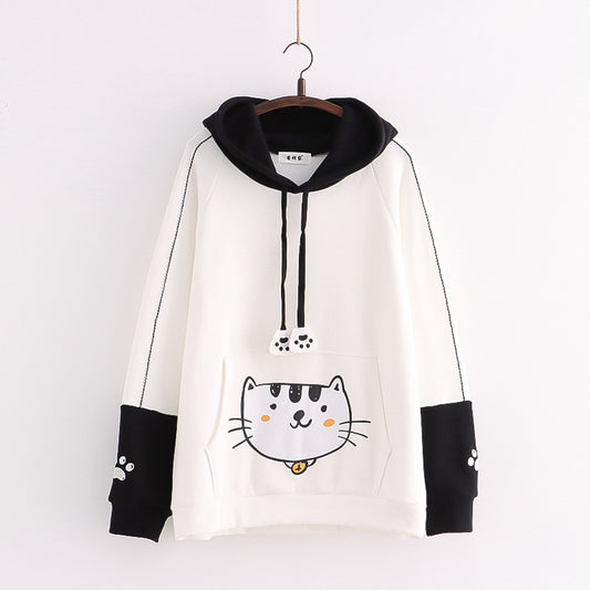 Color Matching Cap Long Sleeve Printing Cat And Fish Brushed Hoody Women's New Thickened Cotton Fleece Shirt