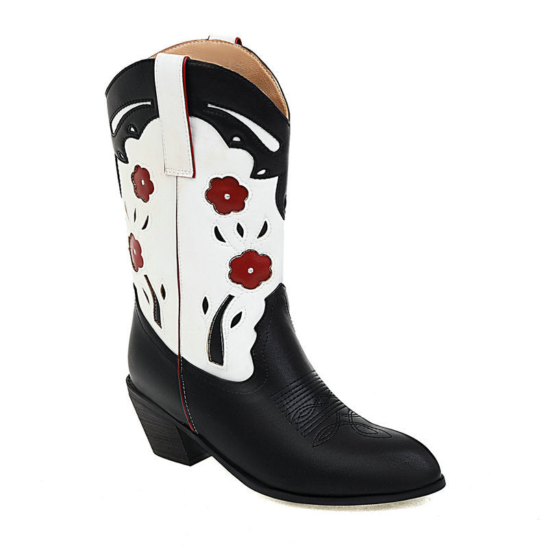 New Chunky Heel High Heel Mid-calf Color Matching Western Cowboy Boot