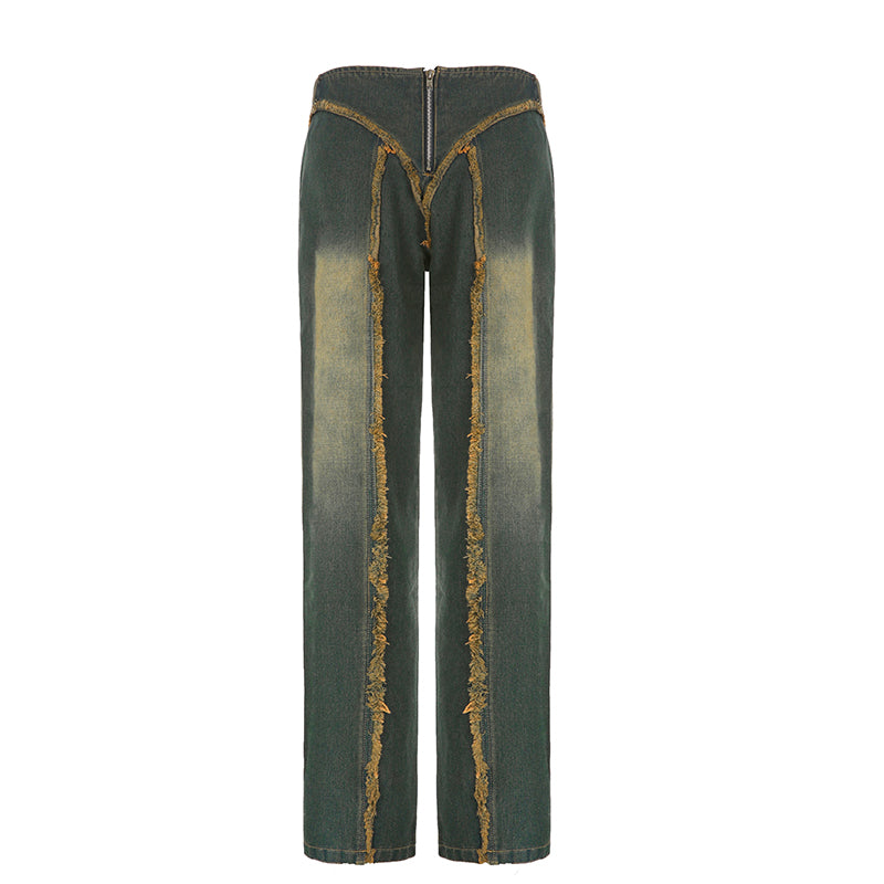 Retro Burr Design Sense Niche Straight Wide Leg Low Waist Jeans