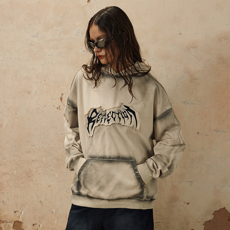 Embroidered Frayed Hem Design Hoodie Trendy Sweater