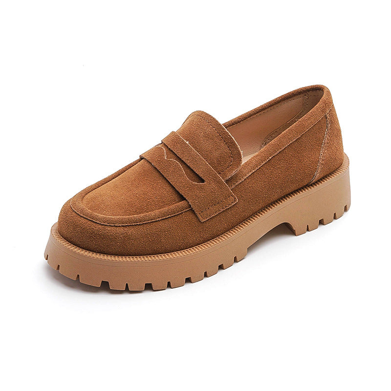 Loafers Comfort And Casual Matte Cowhide British Style Women's Shoes Chunky Heel Platform Slip-on Retro