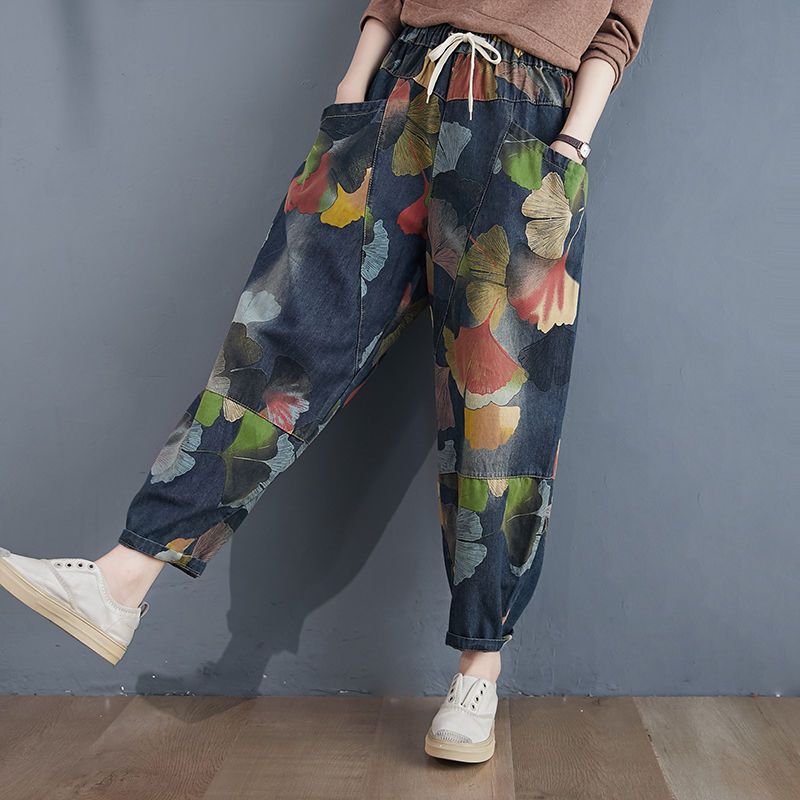 Women's Retro Loose Plus Size Print Jeans