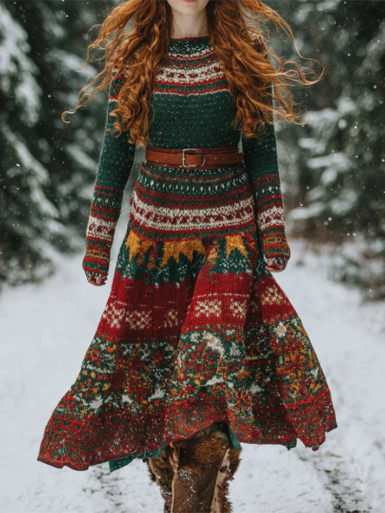 Retro Cable-Knit Long-Sleeve Womens Dress With A Crew Neck And Patchwork Design
