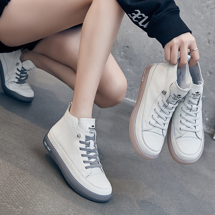 Leather High-top Shoes Women's First Layer Cowhide Spring And Autumn New