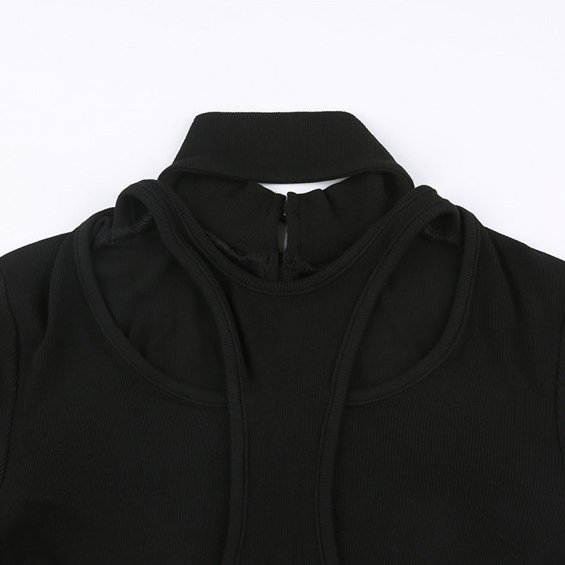 Sexet Udskæringsdesign Syning Falsk Todelt Ståkrave Ribstrikket Slank Ensfarvet Langærmet Basis Bodysuit
