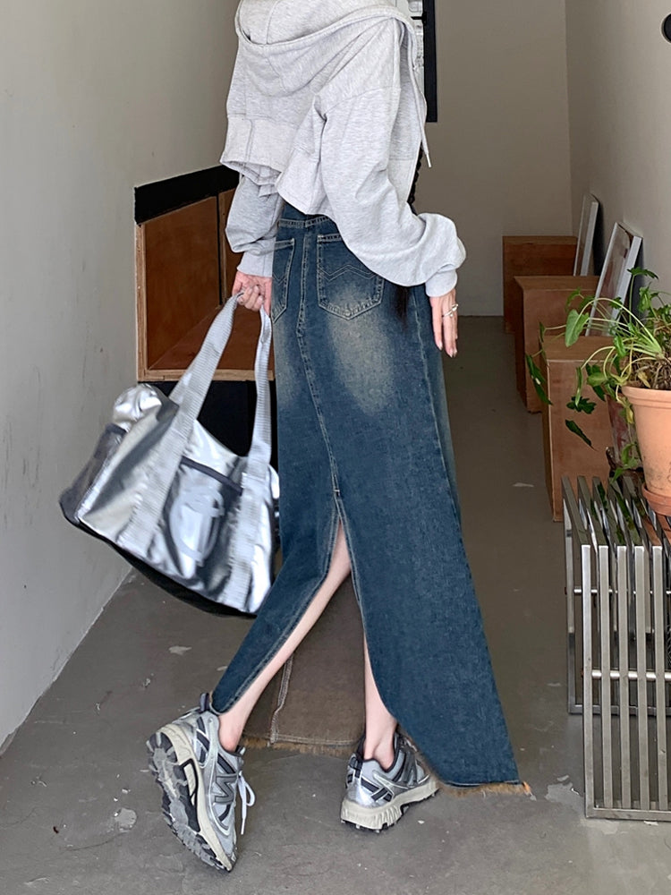 New High Waist Retro Water Blue Denim Skirt For Women