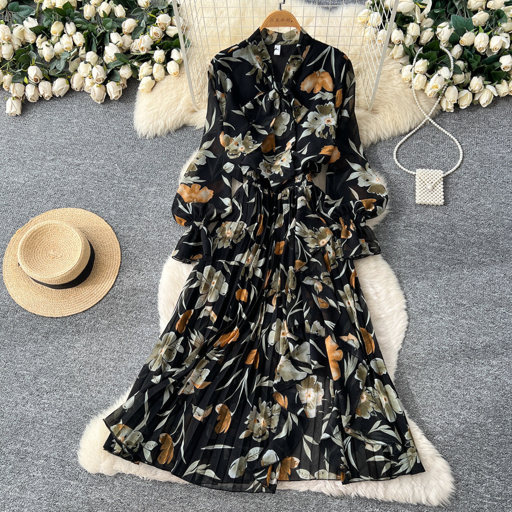 V-Neck Lace-Up Waist-Fitted Printed Chiffon Dress For Women