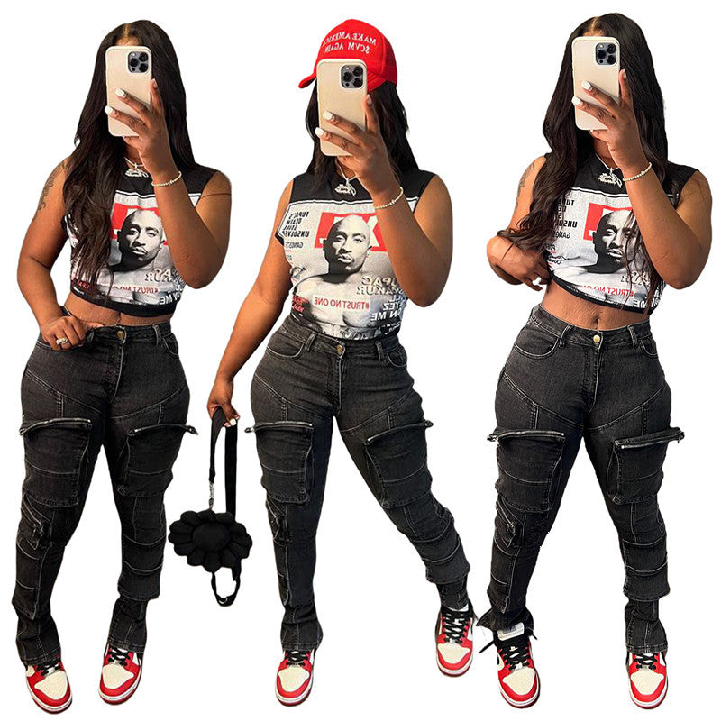 Dame-multitaske-jeans i afslappet stretchstof