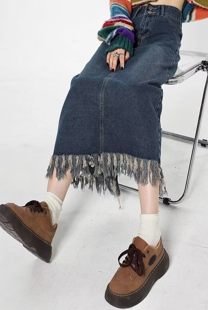Plus Size Tassel Half-length Denim Women's Hong Kong Style Autumn High Waist Slimming A- Line Long Overknee Skirt