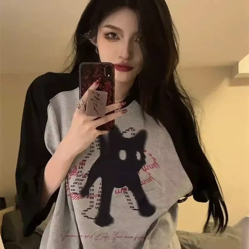Dame Amerikansk Retro Kat Raglan Kortærmet T-shirt Sommer
