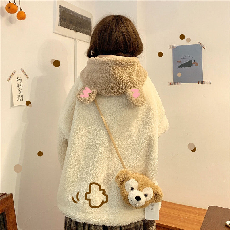 Cute Bear Ear Coat For Women Lamb Wool Winter Cardigan Top