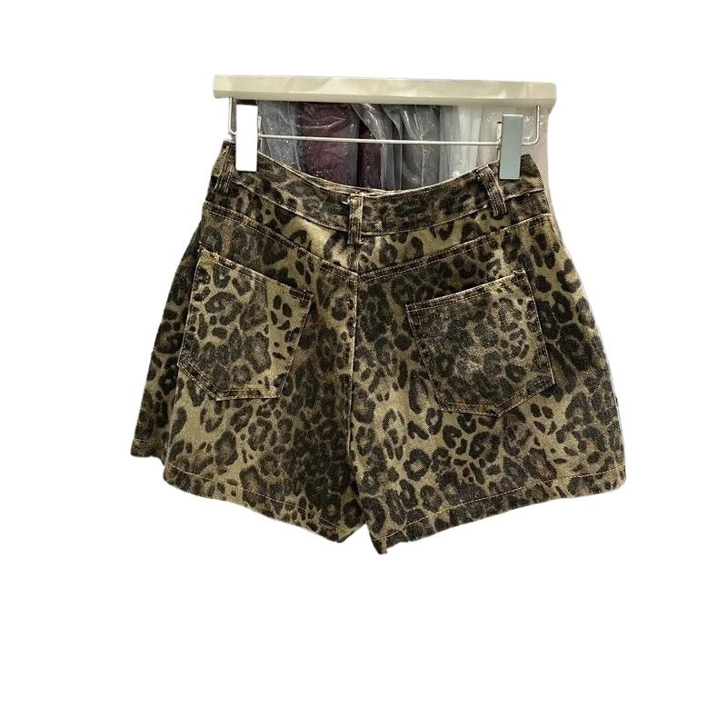American-style Vintage Leopard-print Denim Shorts For Women