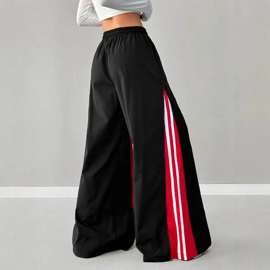 Women's Contrast Color Bell-bottom Pants-black And Red Casual Elastic Waist