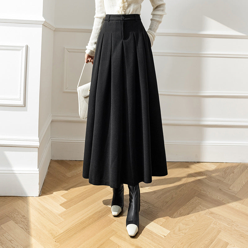 High Waist Korean Style Large Swing Pleated Slimming Woolen Long Skirt