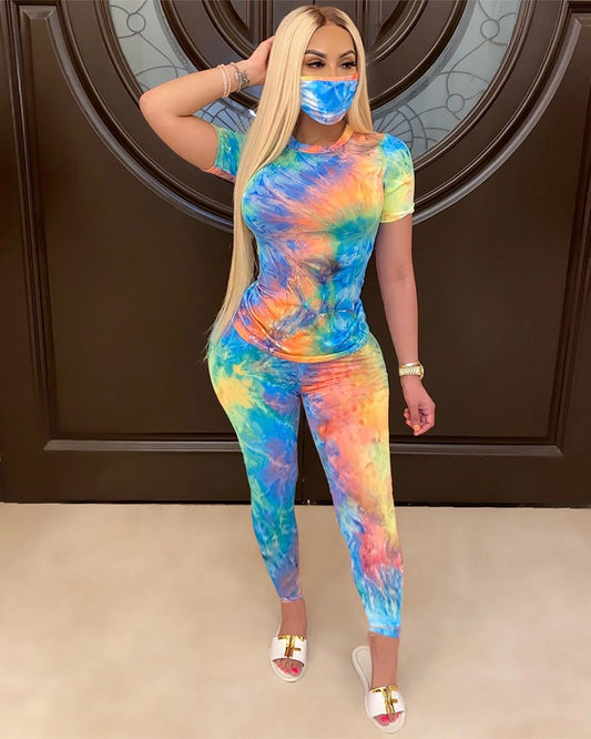 European And American Women Tie-dye Color Crew Neck Casual Fashion Sports Set