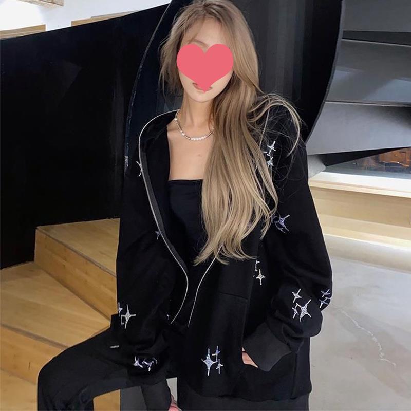 Løs XINGX Rhinestone Hættetrøje med Lynlås