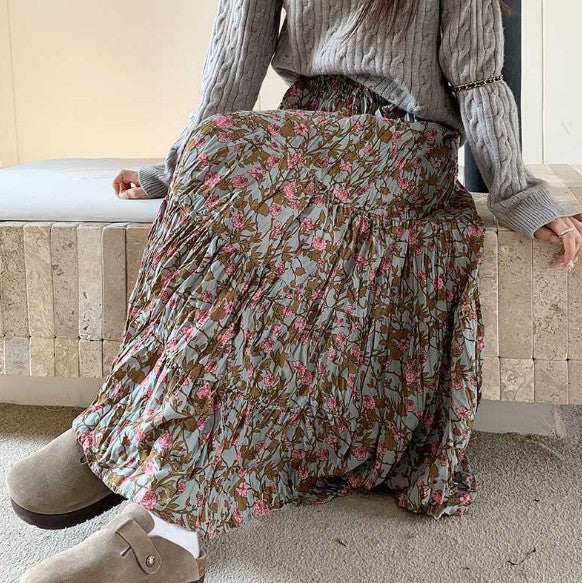 Autumn And Winter Floral High Waist Blue Pleated Skirt
