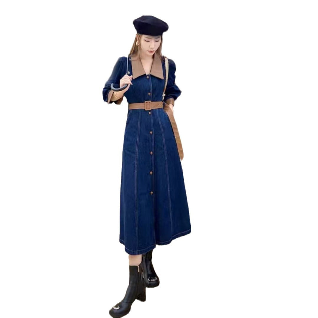 Retro Notch-Collar Patchwork Defined-Waist Long Dress For Women Elegant Style