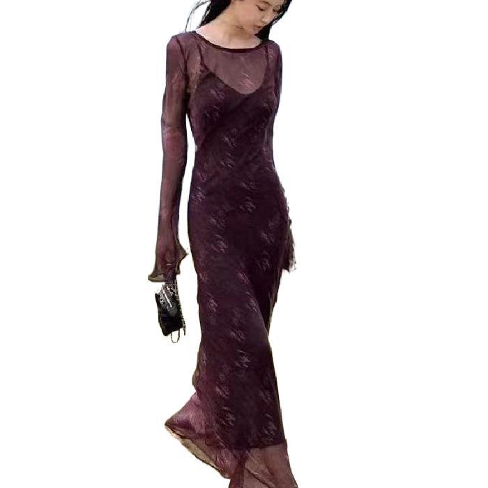 Womens Purple Mesh Flared-Sleeve Floral Slip Dress