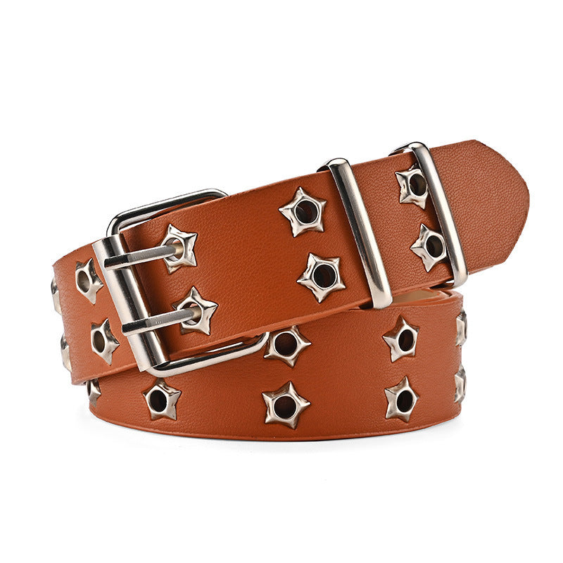 Double-Row Eyelet Belt With Hollowed-Out Design Casual Punk Leather Belt For Women