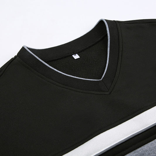 Women's Contrast Color Striped Stitching Small V-neck Design Loose-fitting Casual Pullover Female