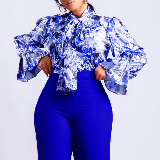 Temperament Slimming Printed Lace Up Shirt