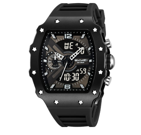 Multifunctional Mens Watch With Dual Displays Featuring A Stylish Barrel-shaped Case