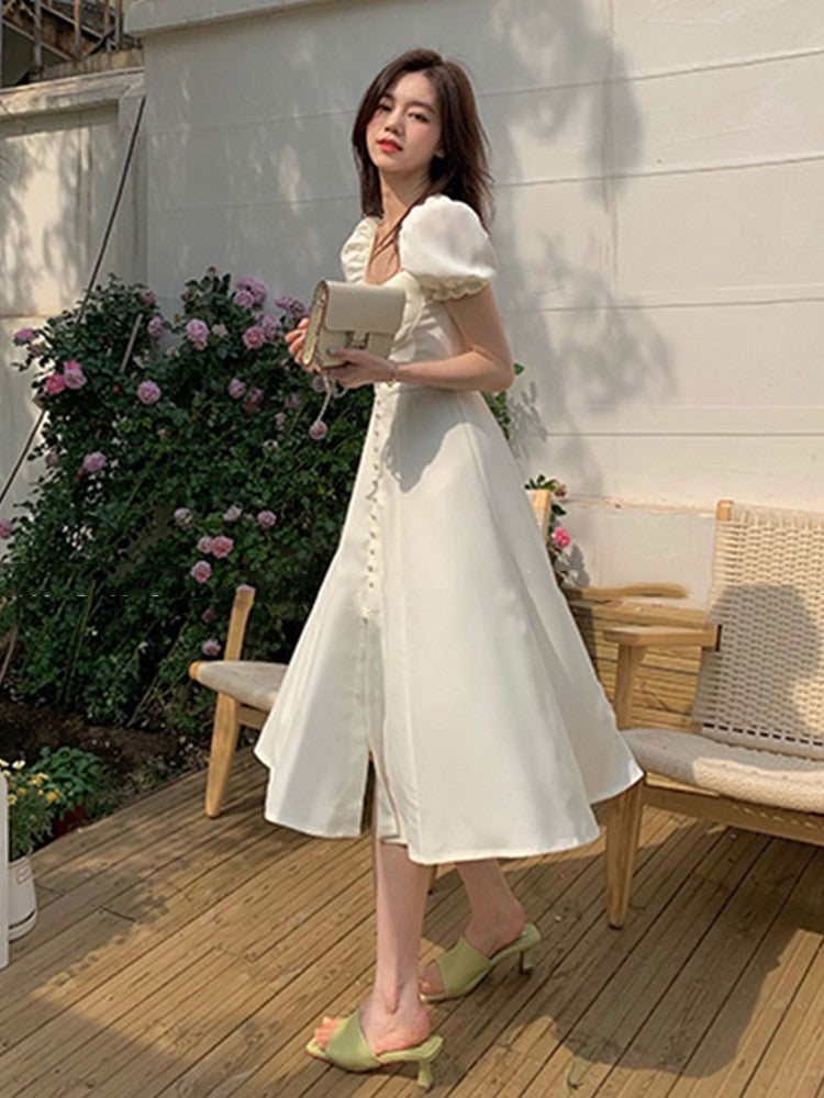 Square Neck Waist Wrapped Bubble Sleeve Dress For Women