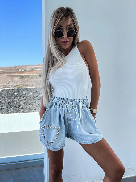 Rhinestones Go With Denim Shorts