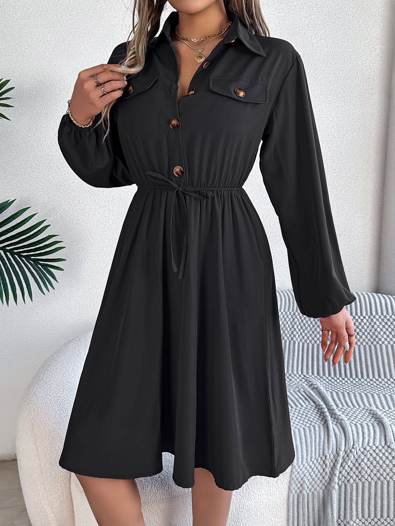 Women Casual Button Tie Waist Long Sleeve Shirt Dress
