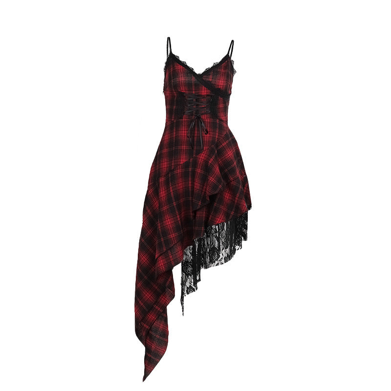 Lace-up Dark-colored Irregular Patchwork Hem Plaid Dress
