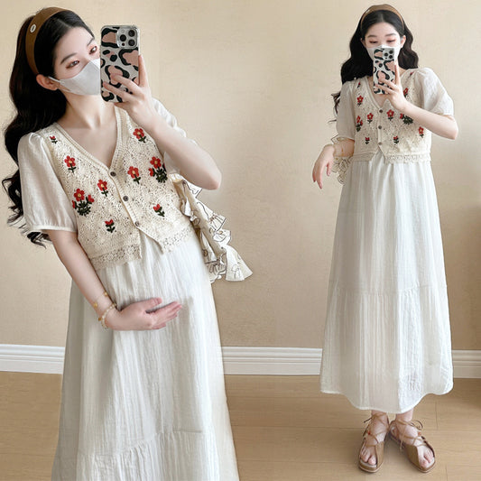 Fashionable Crochet Vest-Look Fake Two-Piece Maternity Dress