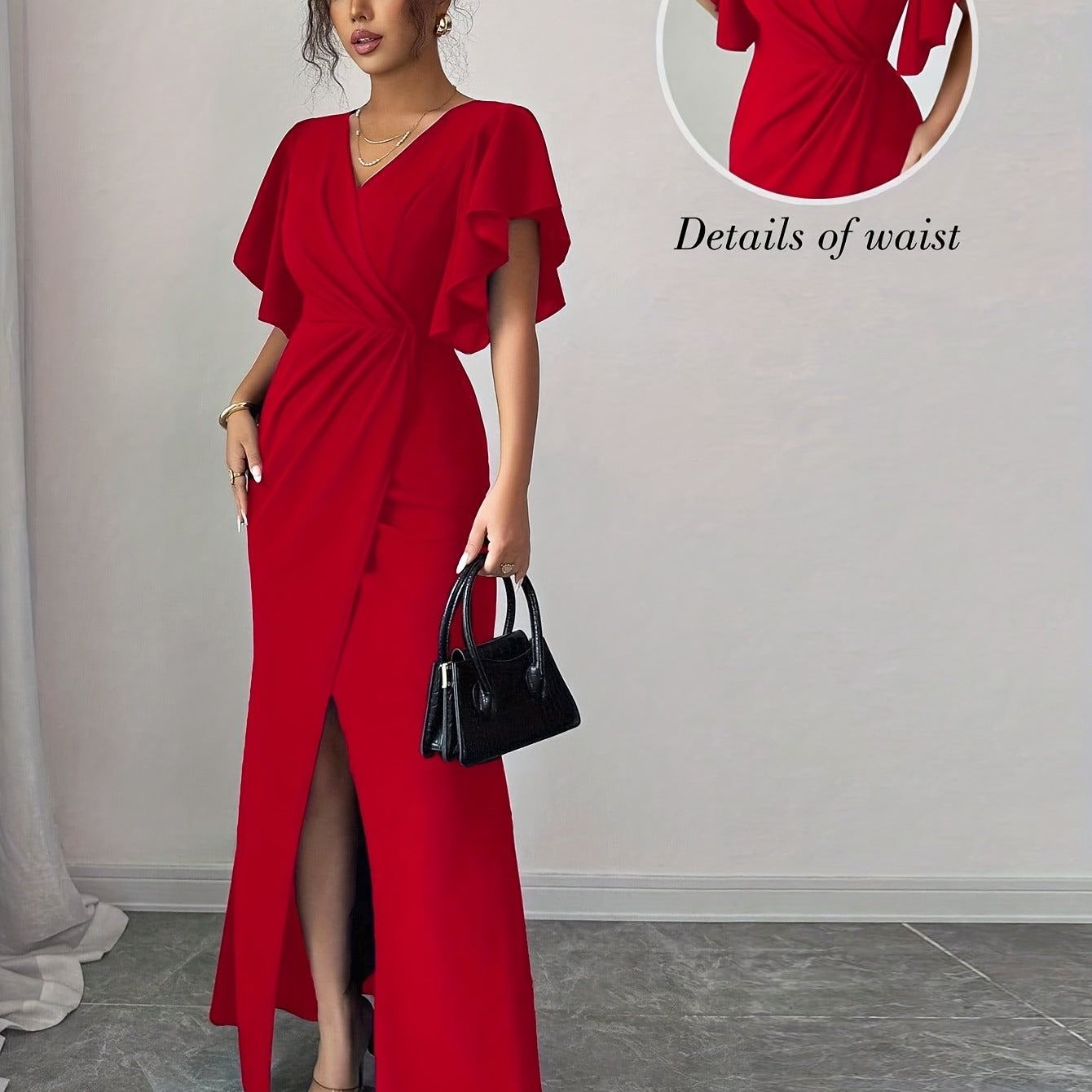 Lotus-Leaf Sleeve V-Neck Waist-Cinching Slim-Fit Long Dress