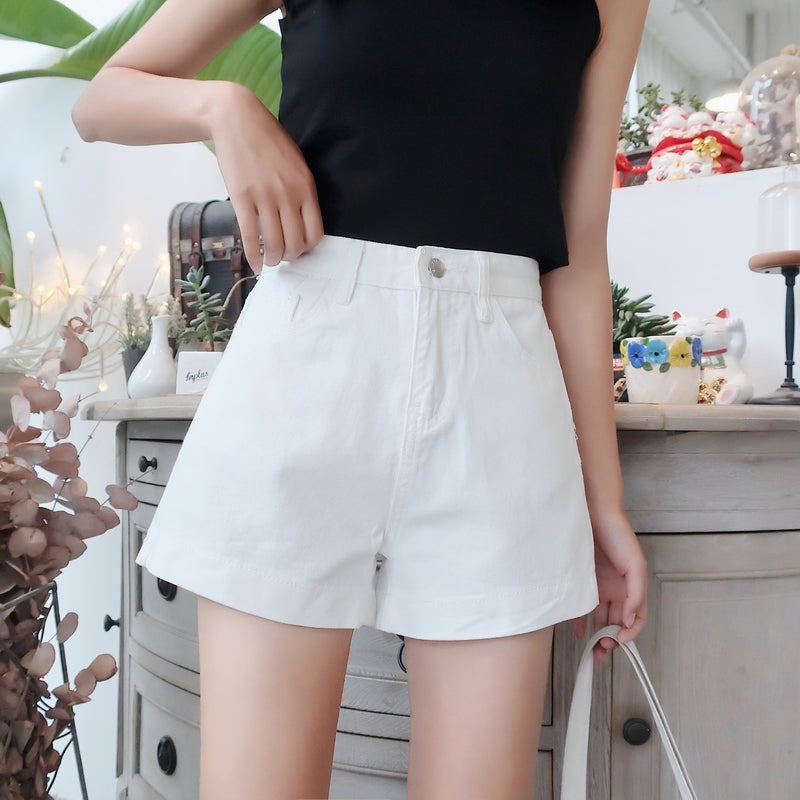 Simple Flanging High Waist Slim Straight Denim Shorts