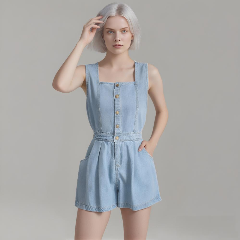 Hot Girl Strap Denim Jumpsuit Women's Back Slit Single-breasted High Waist Wide Leg Pants