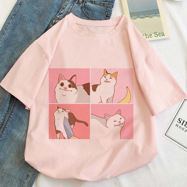 Cute Women's Cat Cartoon Pattern T-shirt