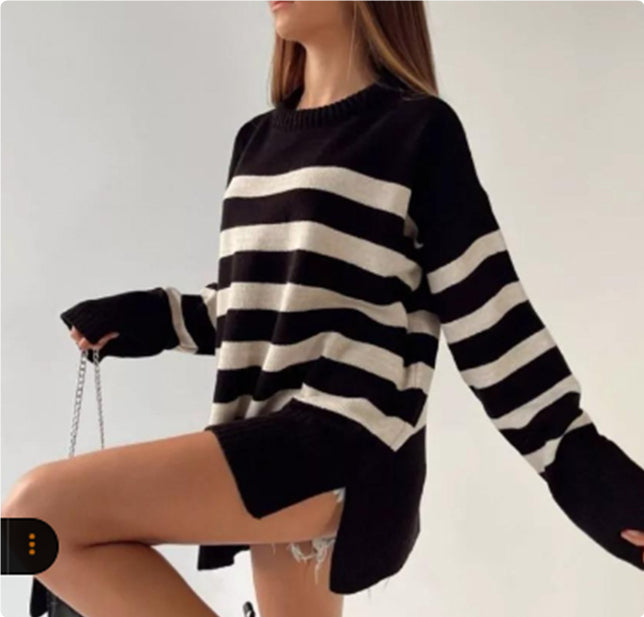 Women's Pullover Loose Round Neck Contrast Color Knitted Striped Sweater